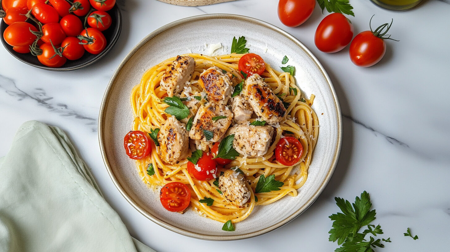 Spaghetti z kurczakiem i pomidorkami koktajlowymi