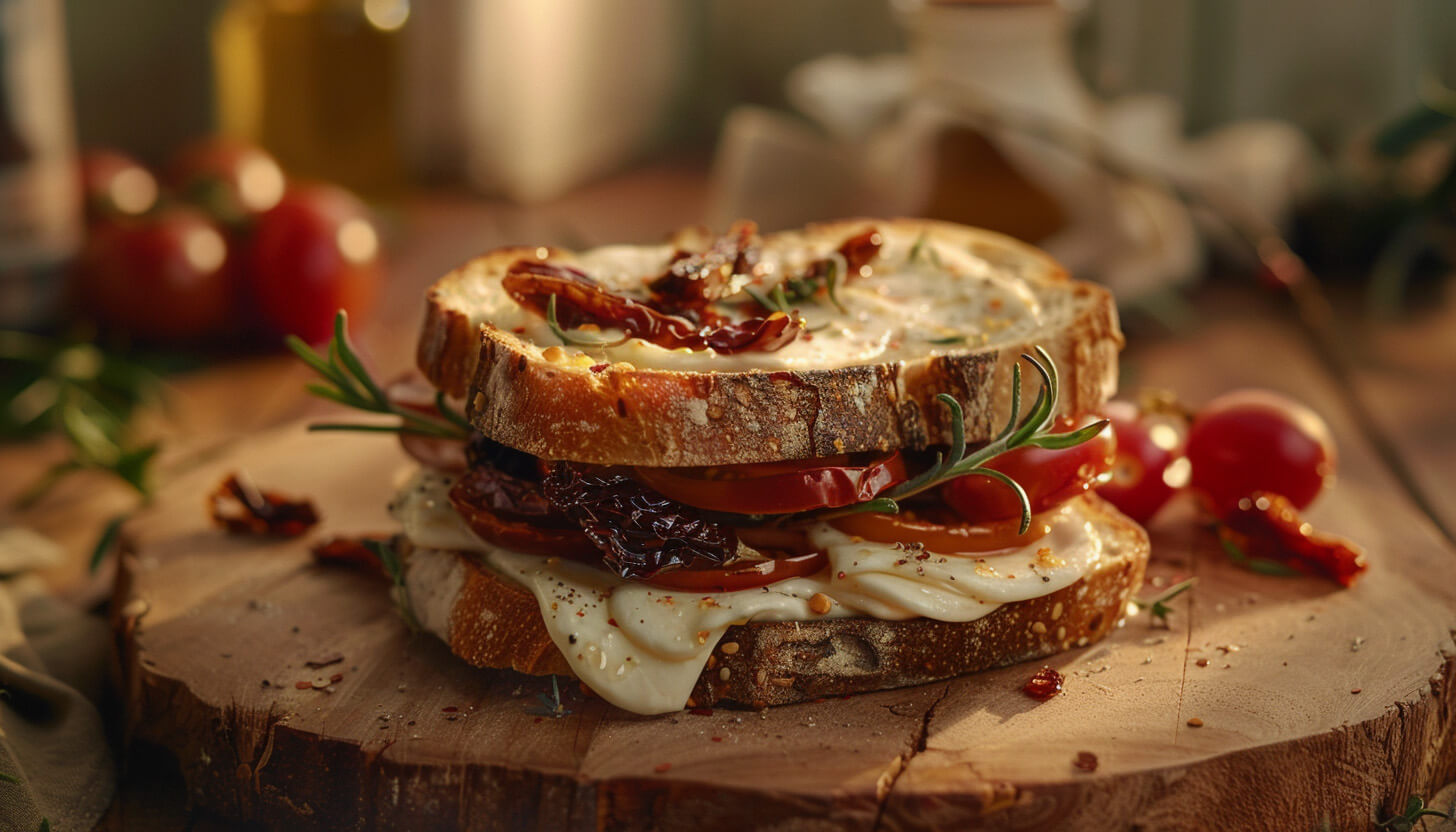 Tost z mozzarellą, szynką i suszonymi pomidorami