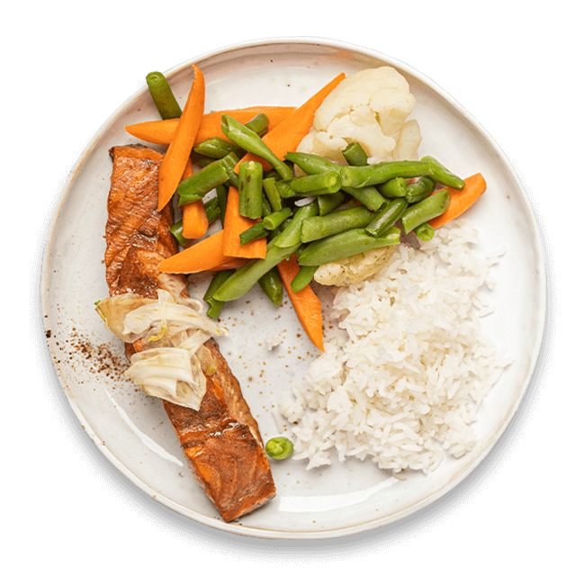 Pieczony łosoś teriyaki z warzywami i ryżem