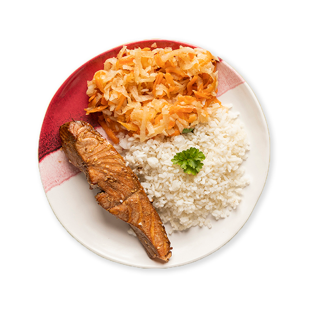 Pieczony łosoś teriyaki z ryżem i surówką z marchewki i białej rzodkwi
