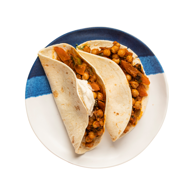 Tortilla z ciecierzycą, cukinią, bakłażanem, papryką i sosem czosnkowym