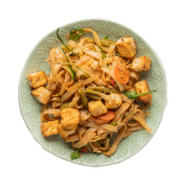 Makaron ryżowy z fasolką szparagową i tofu w sosie a la teriyaki