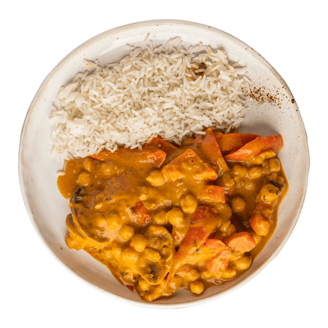 Wegańskie curry z ciecierzycy z papryką, ryżem i pieczarkami