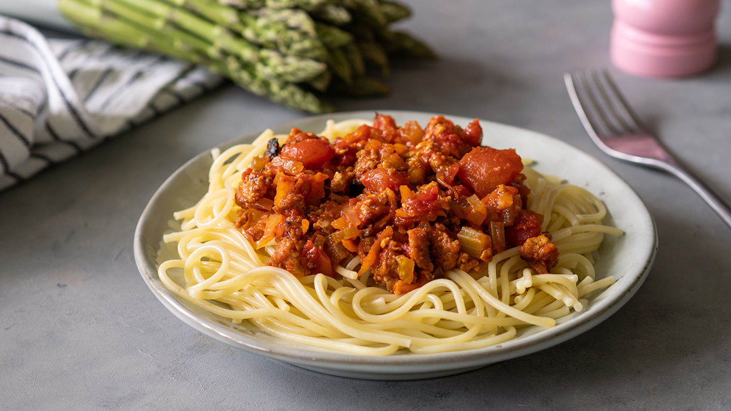 Spaghetti z wegańskim mięsem mielonym