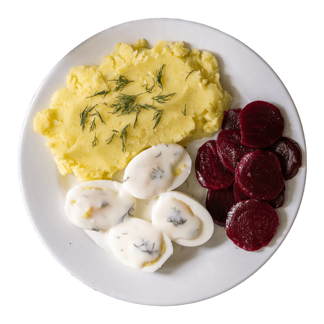 Puree z ziemniaków i jajka w sosie jogurtowo koperkowym