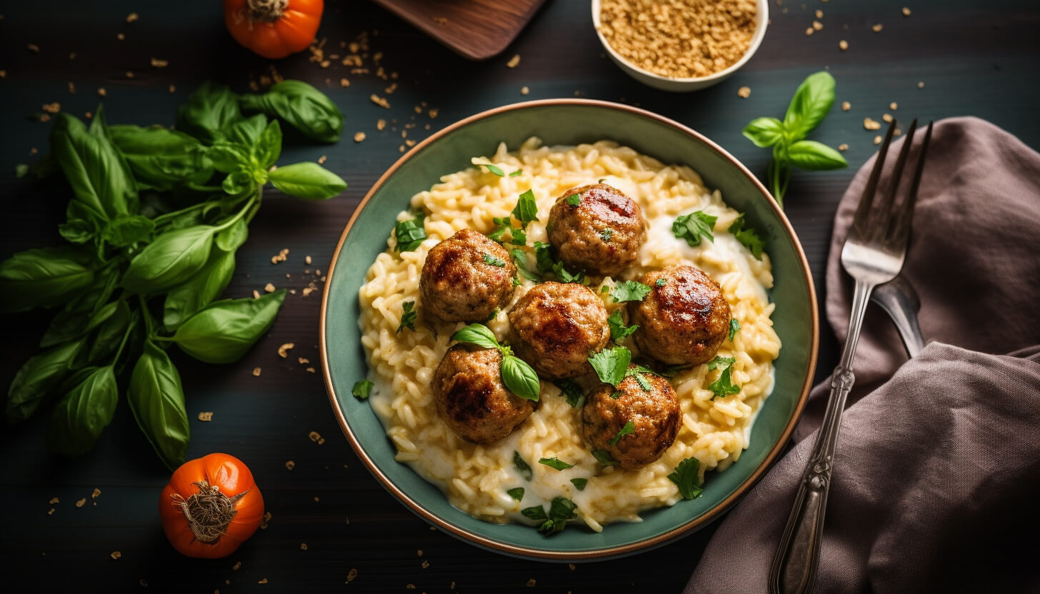 Pieczone pulpeciki drobiowe w kremowym sosie i makaronem orzo