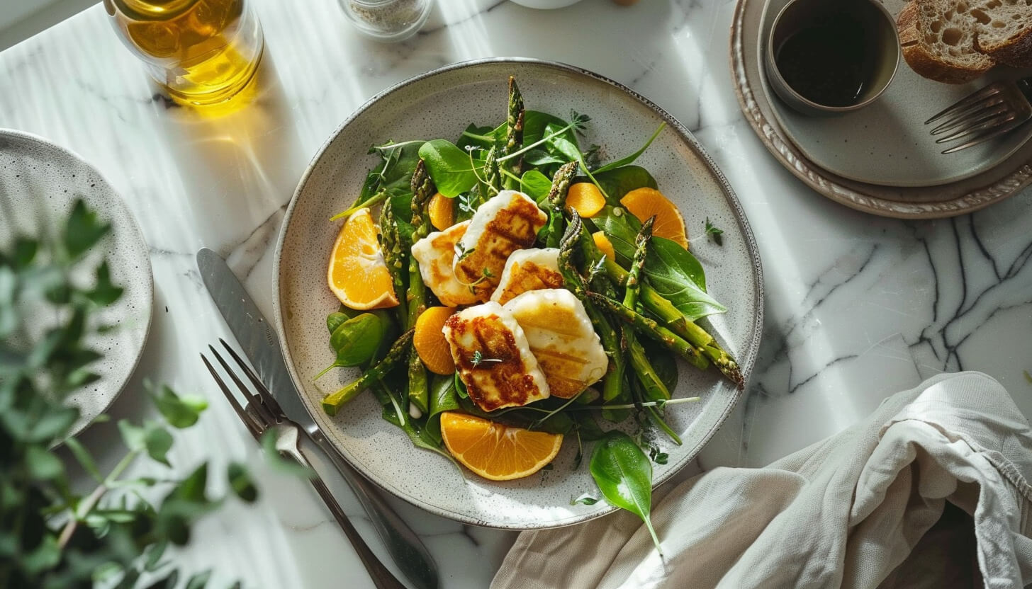Sałatka z zielonymi szparagami, pomarańczami i serem halloumi