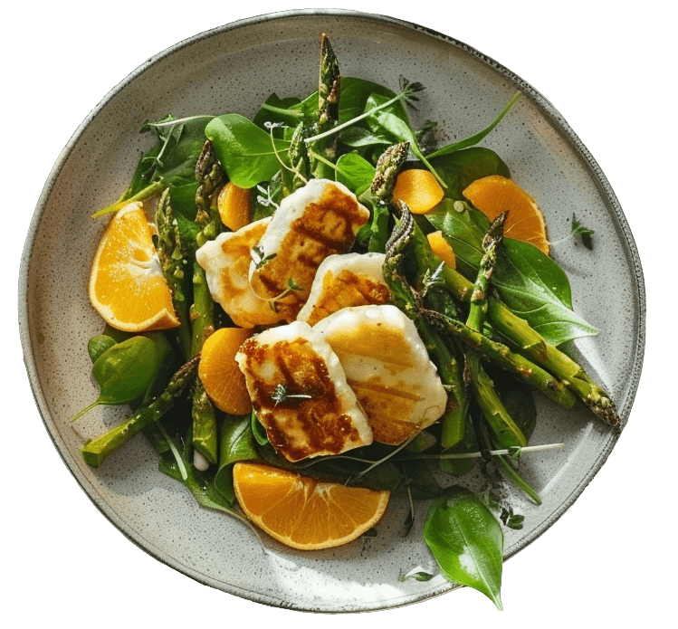 Sałatka z zielonymi szparagami, pomarańczami i serem halloumi