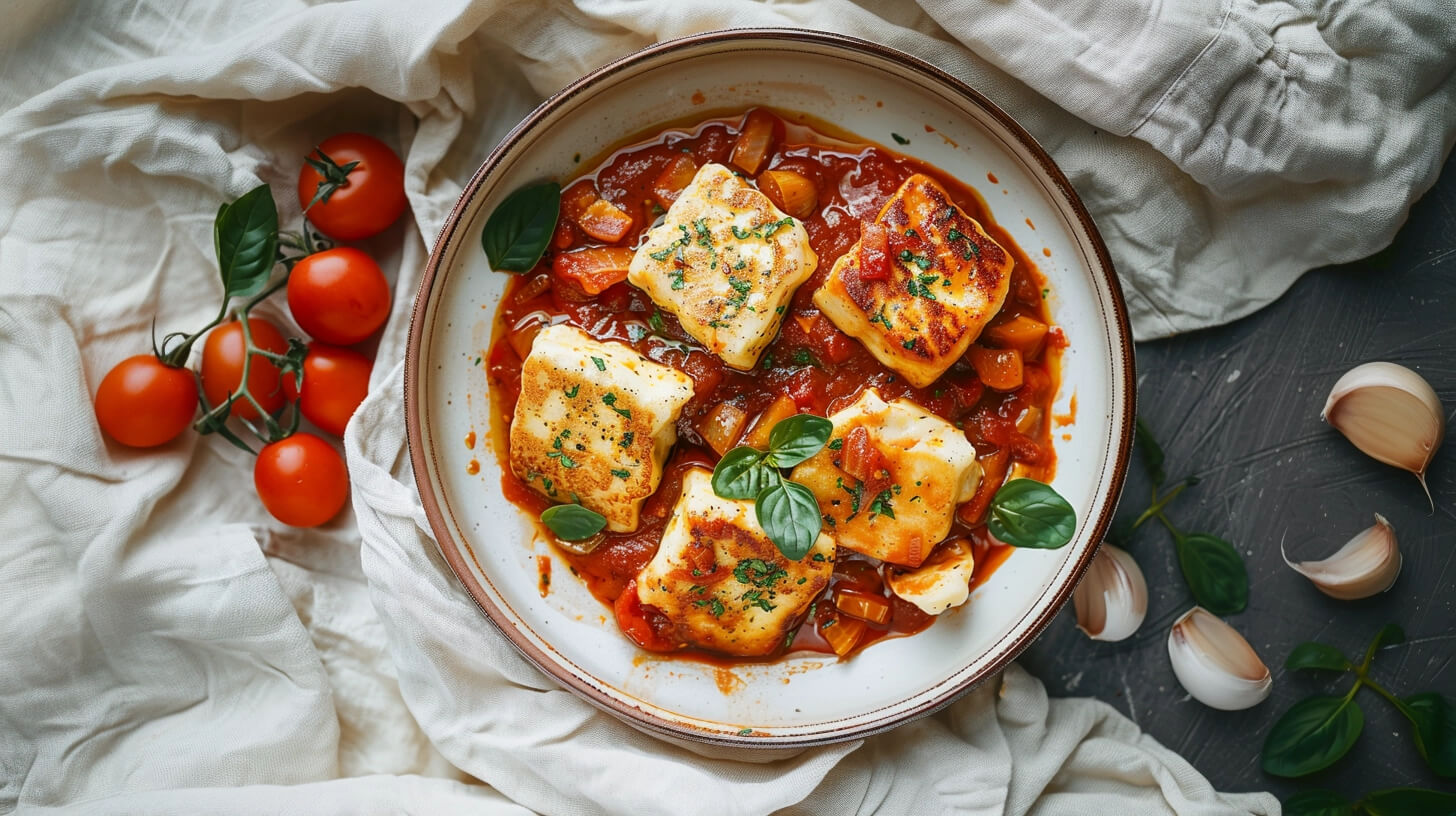 Halloumi z sosem warzywnym i ryżem