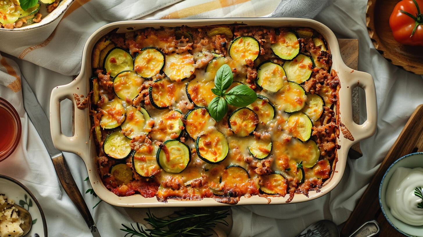 Zapiekanka z cukinią, mięsem mielonym i ryżem