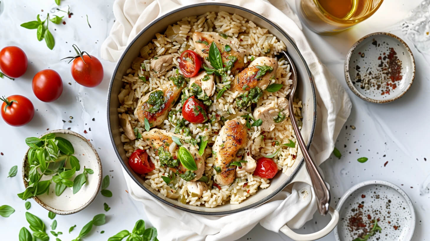Jednogarnkowe danie z ryżem, pesto i kurczakiem