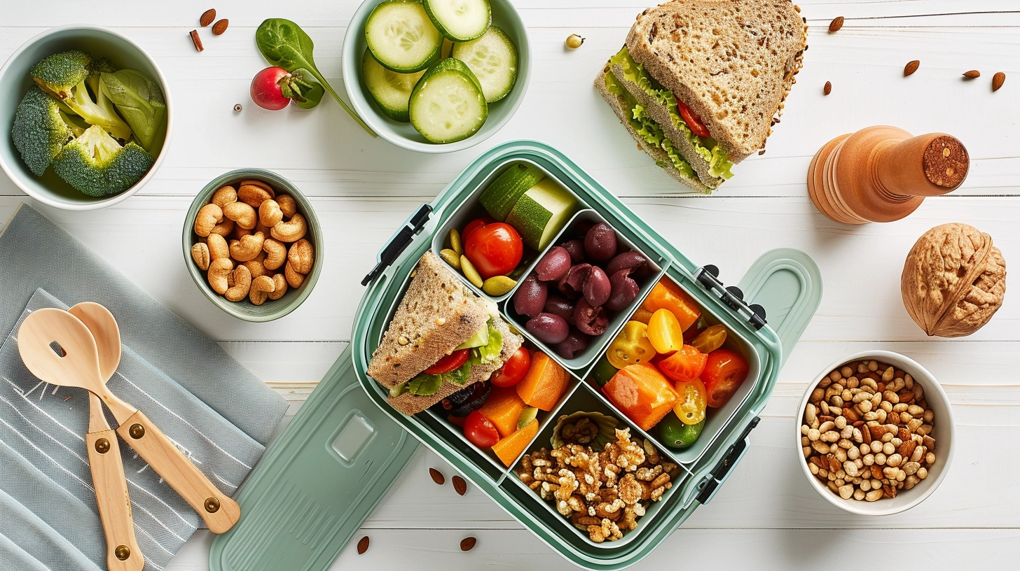 Lunchbox Kanapka z mozzarellą i warzywami + jogurt + orzechy
