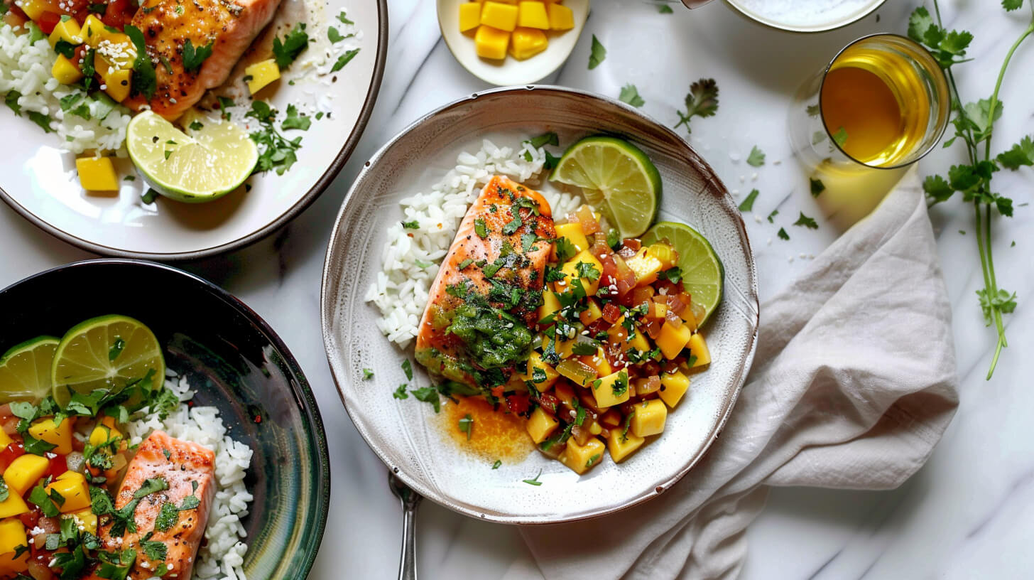 Rice bowl z łososiem i salsą mango