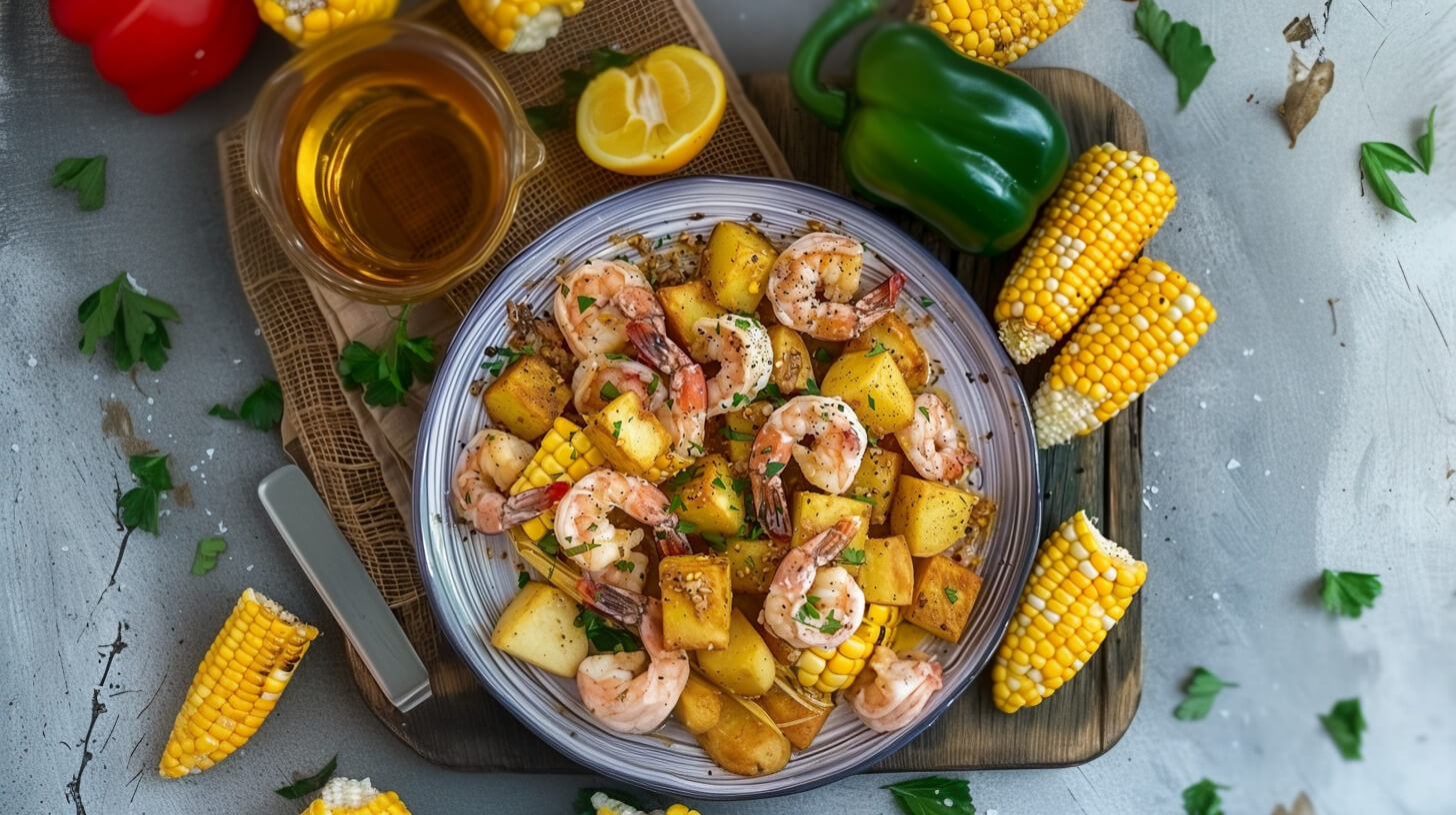 Pieczone krewetki z ziemniakami i kukurydzą