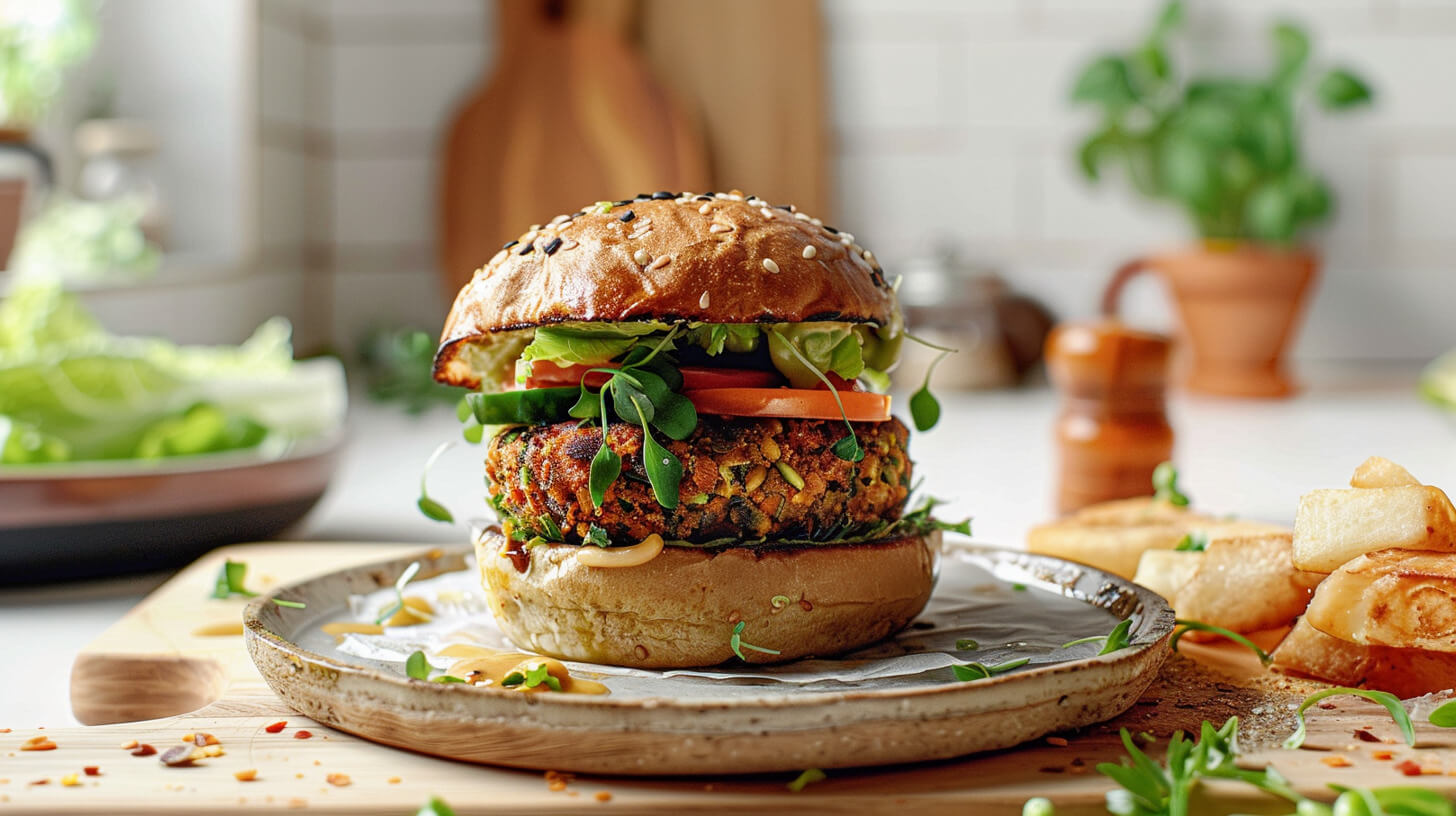 Burger z seitanem i sosem hamburgerowym