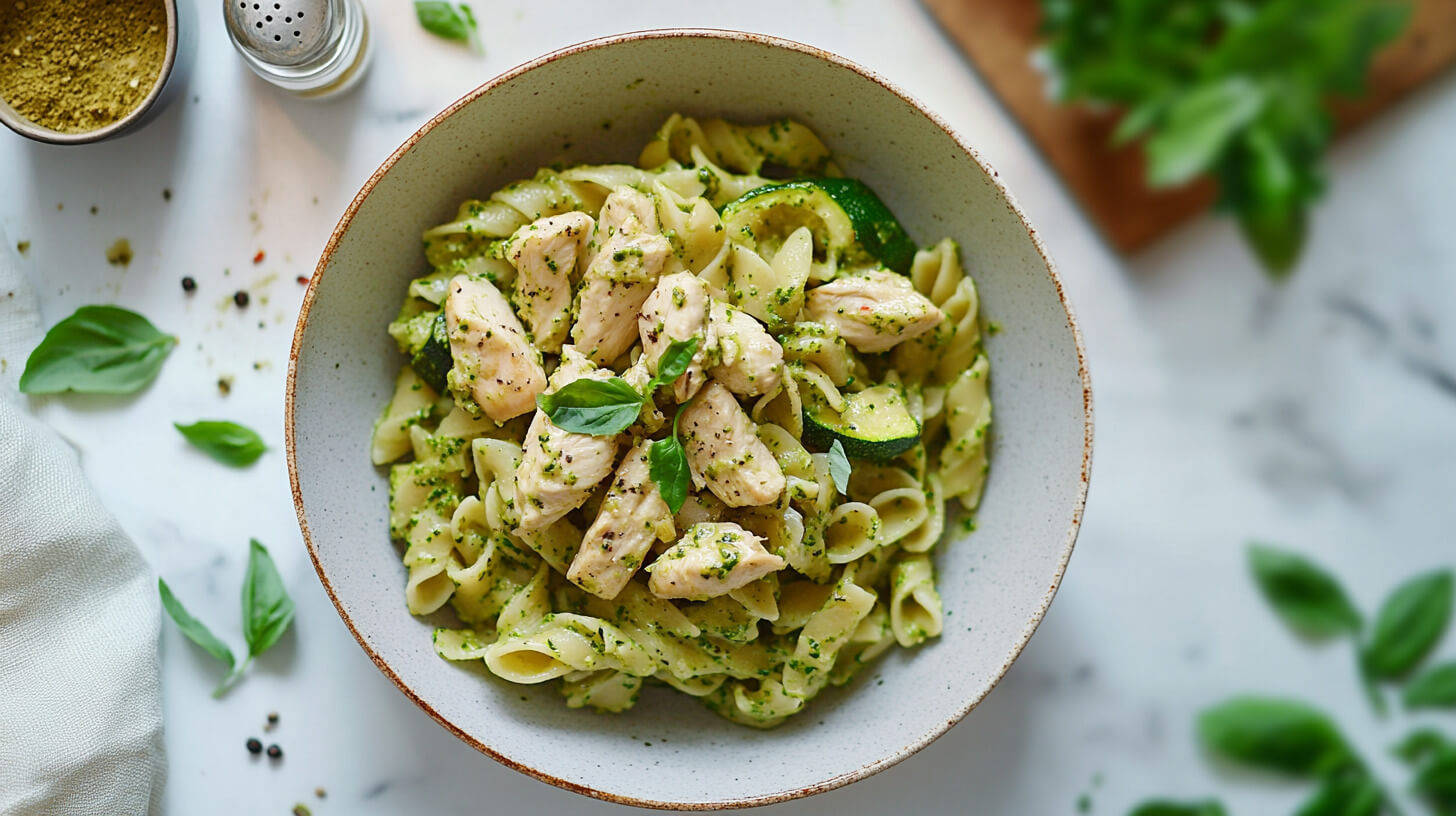Makaron z kurczakiem, cukinią i lekkim pesto