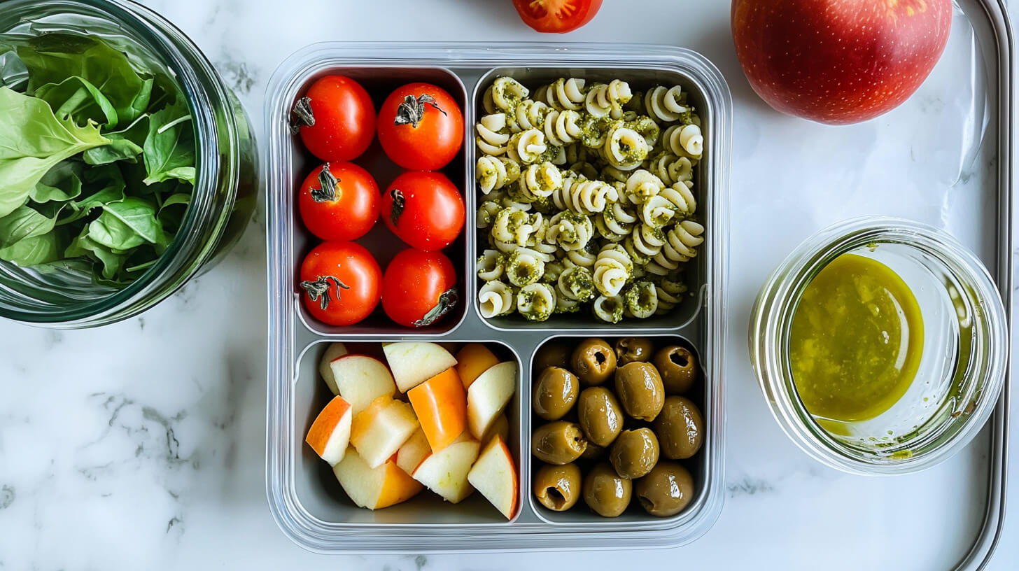 Makaron pełnoziarnisty z pesto z rukoli do lunchboxa