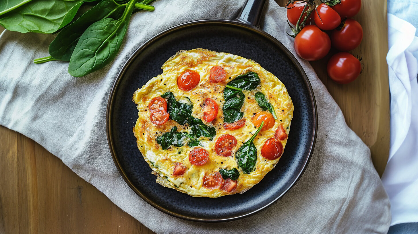 Omlet ze szpinakiem podany z chrupiącym pieczywem i kawałkami pomidora