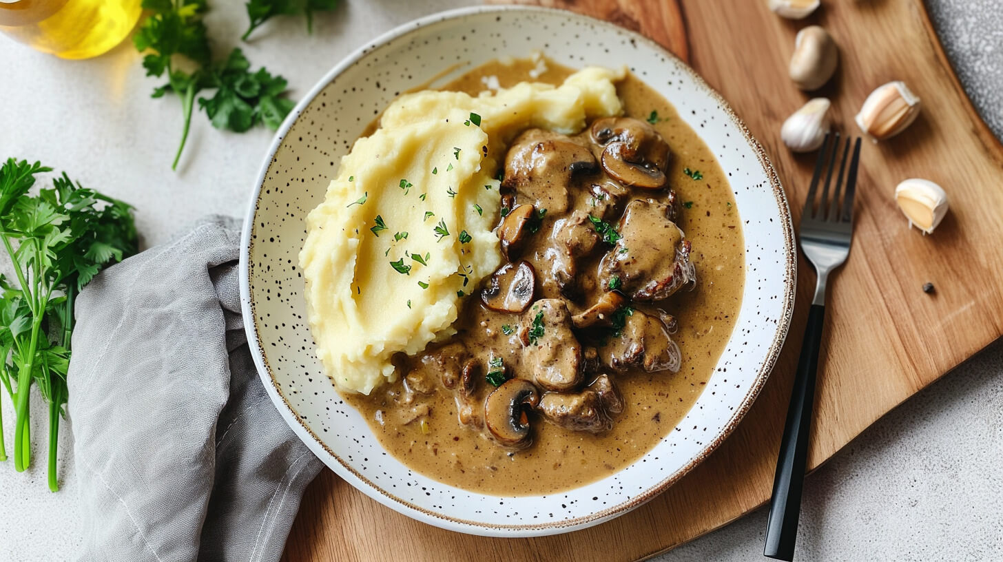 Karkówka w sosie grzybowym z puree ziemniaczanym