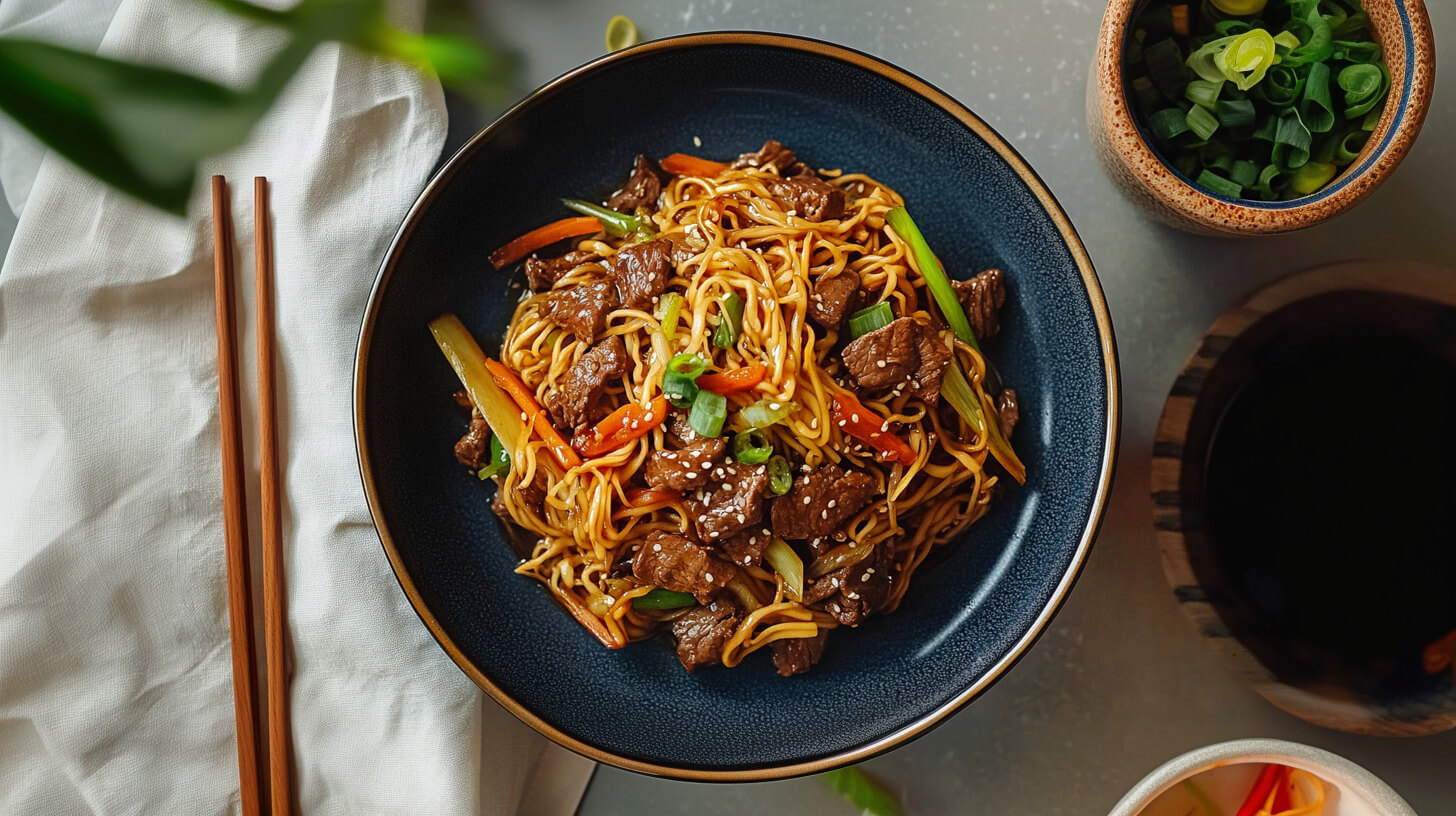Makaron chow mein z wołowiną i warzywami