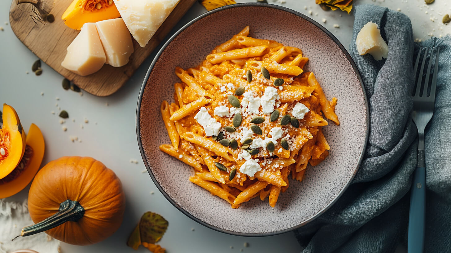 Makaron z sosem dyniowym i serem feta