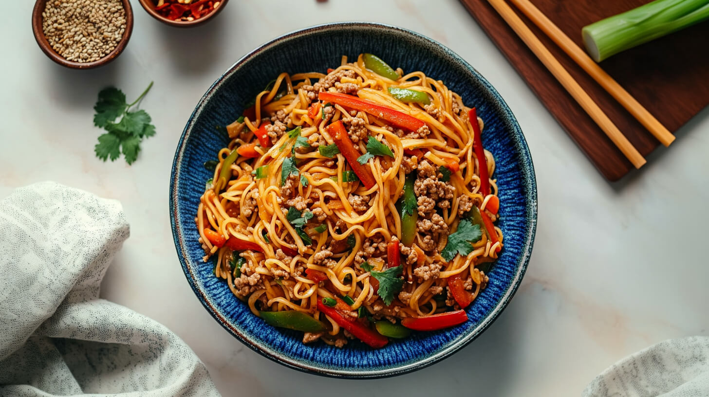Noodle z mielonym mięsem drobiowym