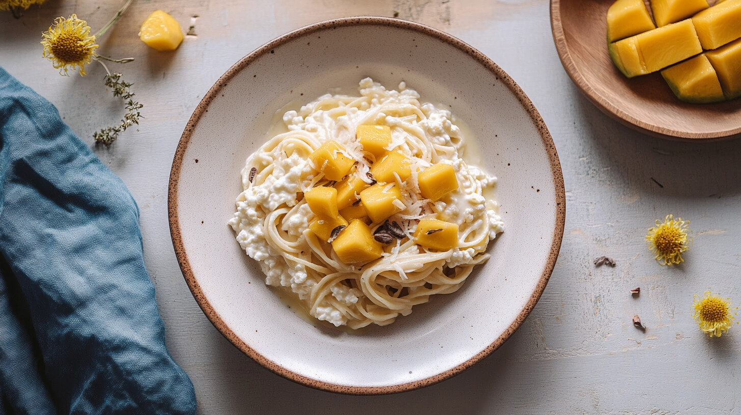 Makaron z serkiem wiejskim i mango