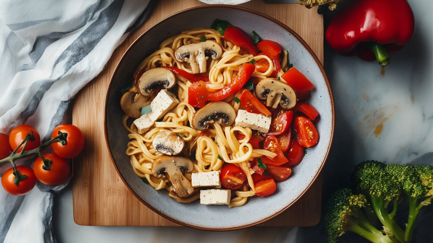 Udon z tofu, warzywami i sezamem
