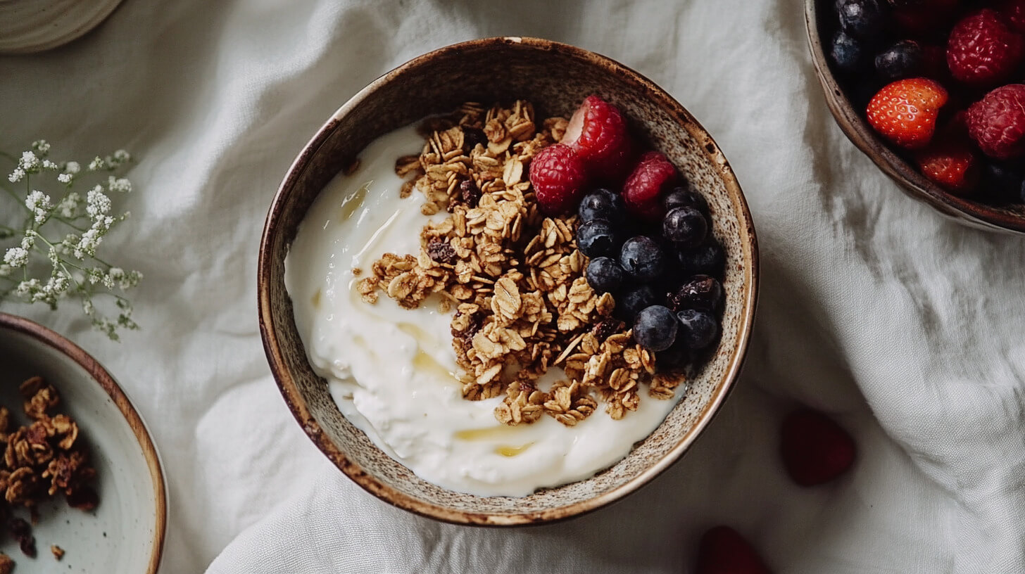 Granola proteinowa z jogurtem, owocami i nasionami chia