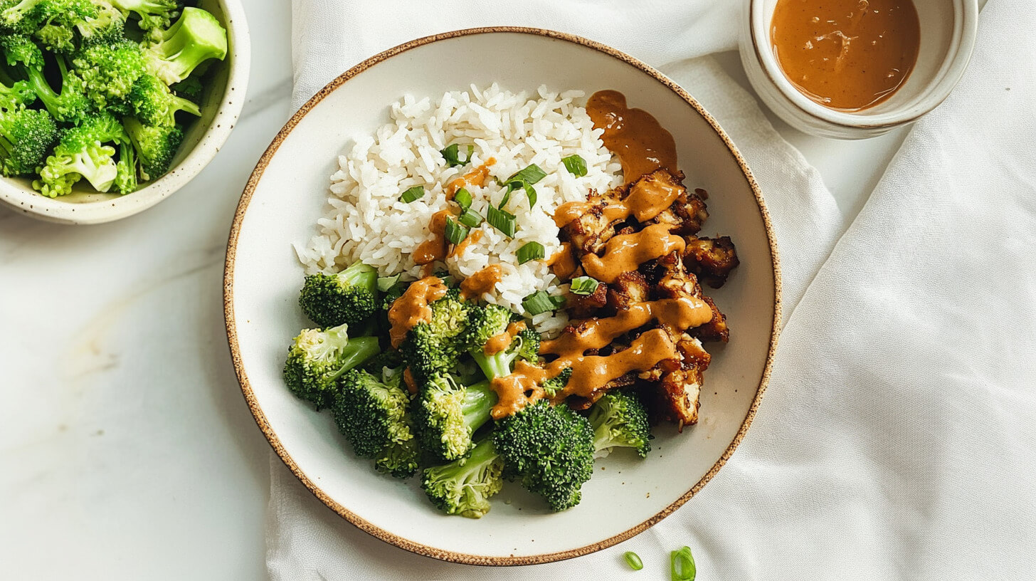 Seitan z ryżem jaśminowym i orzechowym sosem