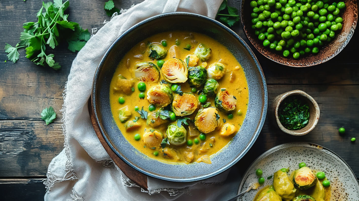 Curry z brukselką, zielonym groszkiem i tempehem