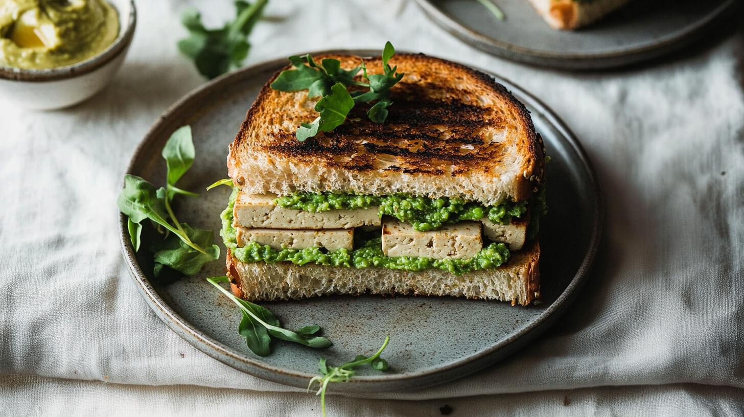 Grillowane tofu na toście z pastą z zielonego groszku