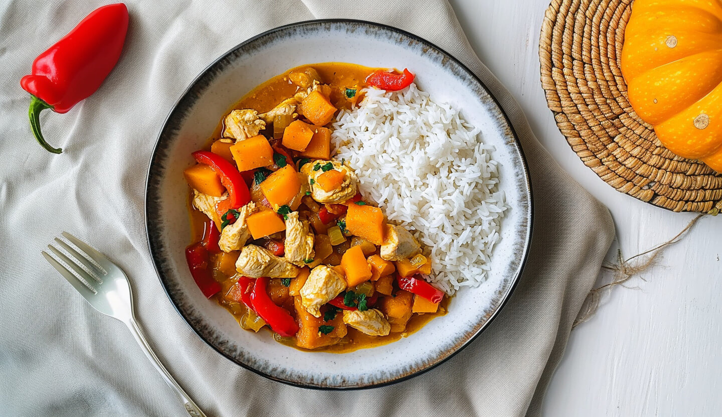 Gulasz z indyka z dynią, papryką i ryżem basmati