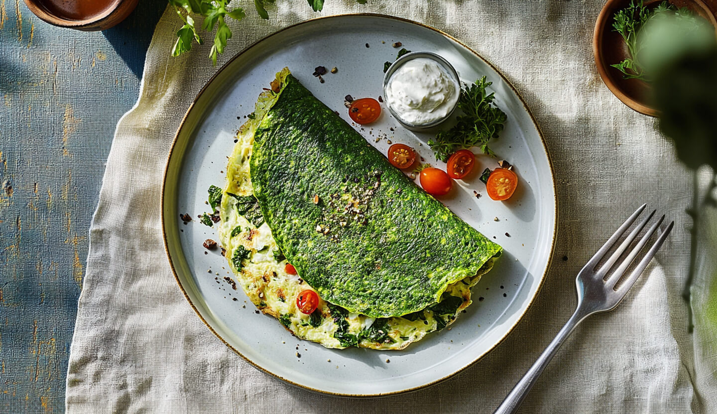 Zielony omlet ze szpinakiem z szynką drobiową