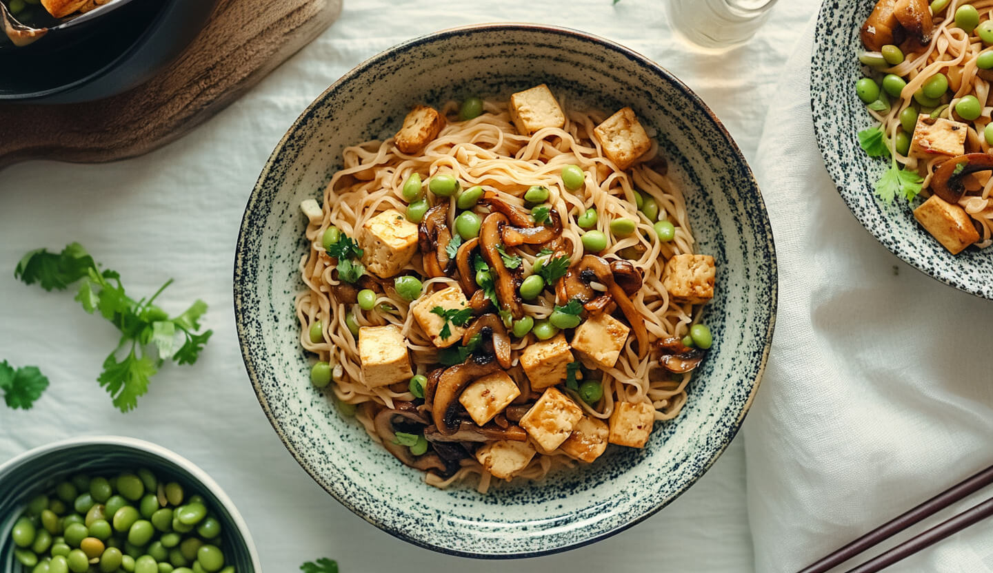 Stir-fry z edamame, tofu i pieczarkami