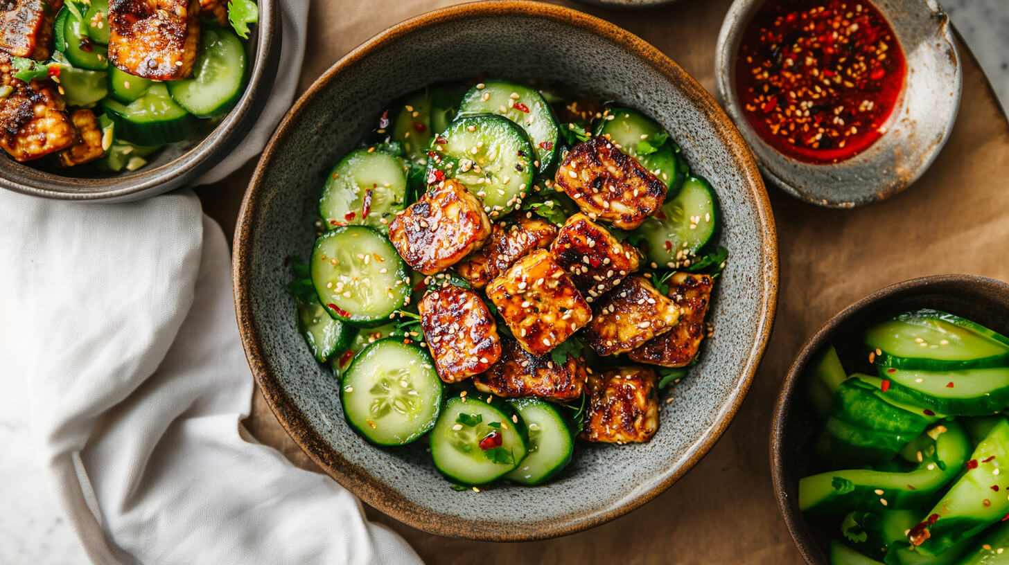 Pieczony tempeh z sałatką z ogórka