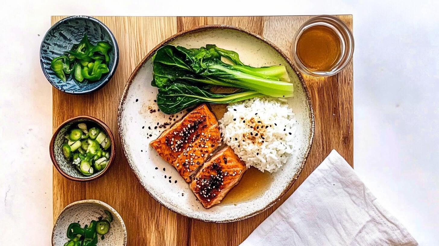Łosoś glazurowany w miso i miodzie z pak choy