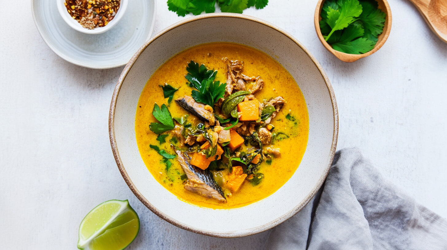 Zupa z wędzoną makrelą, batatem i curry