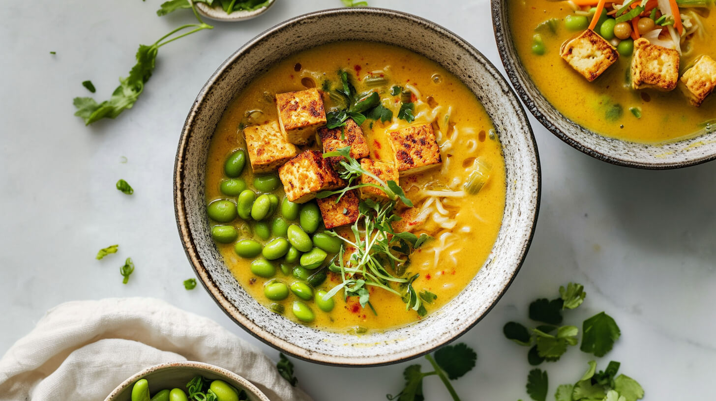 Złota zupa z tofu i edamame