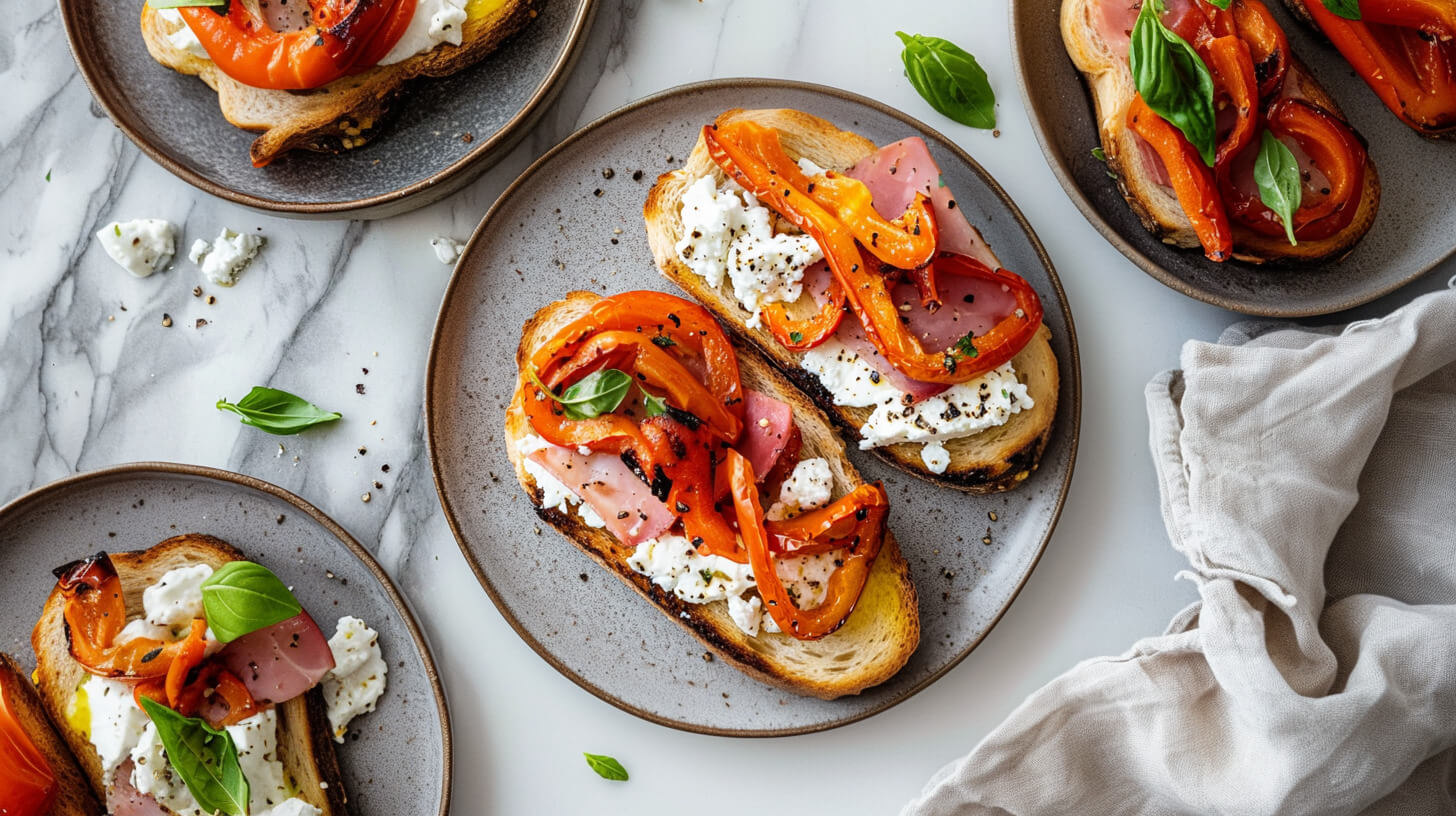 Tosty z serem typu feta, wędliną i pieczoną papryką