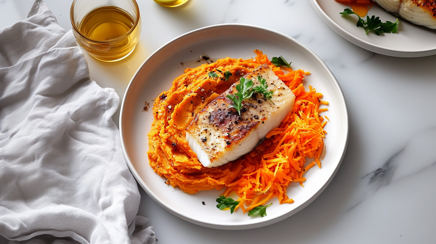Pieczony dorsz z puree z batata i surówką