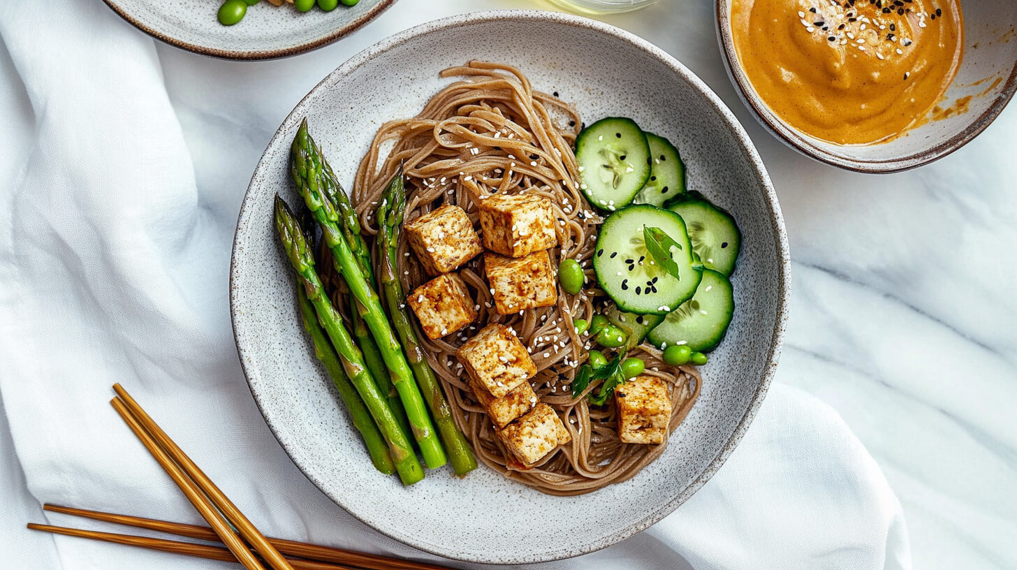 Makaron soba z wędzonym tofu z edamame i szparagami