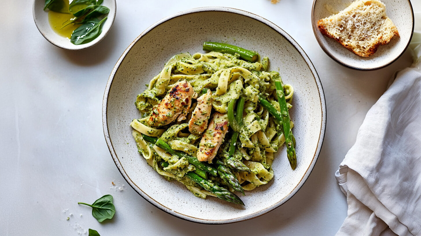 Makaron ze szparagami, kurczakiem i pesto bazyliowym