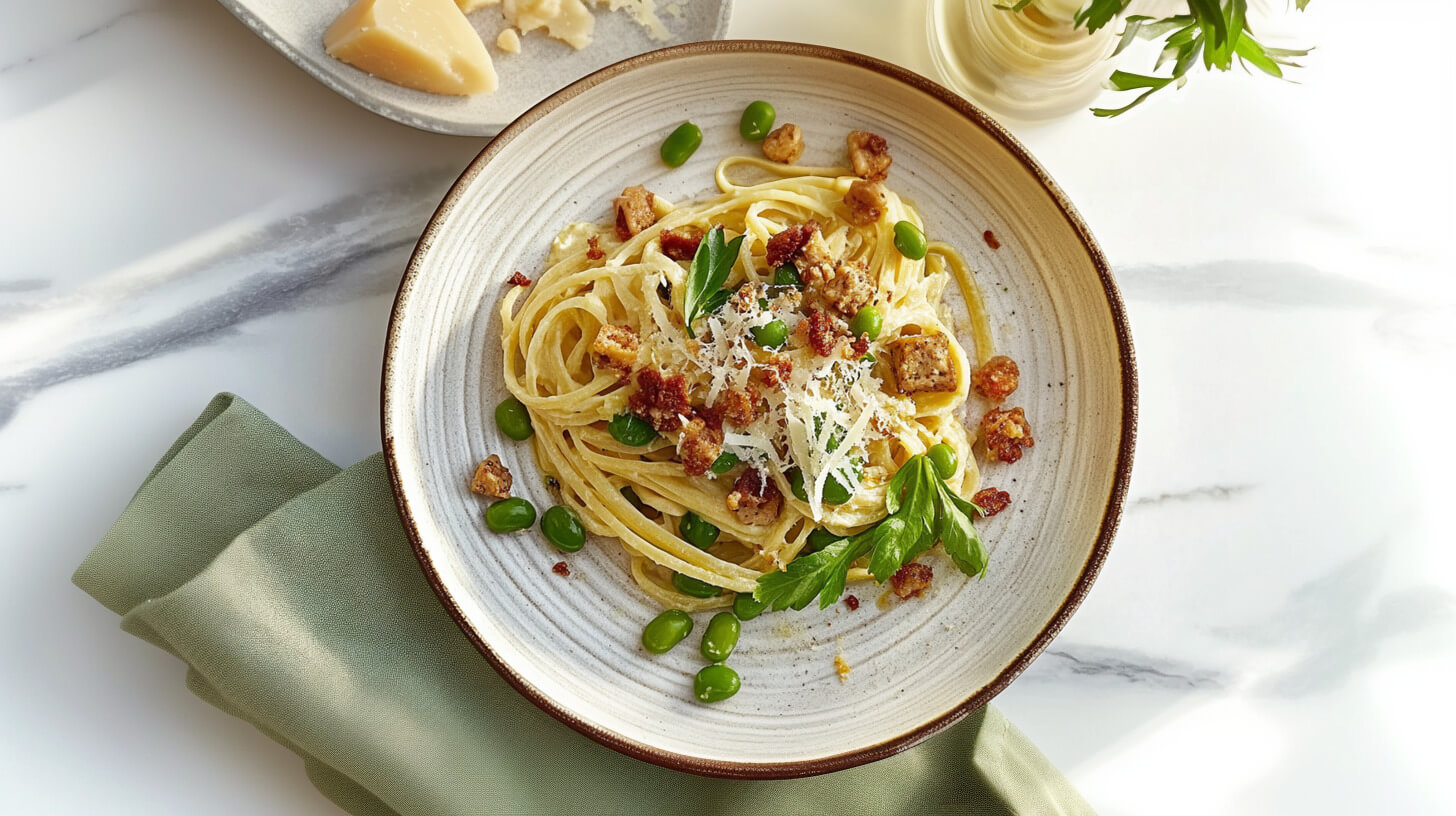 Makaron z bobem, skwarkami z tofu i parmezanem