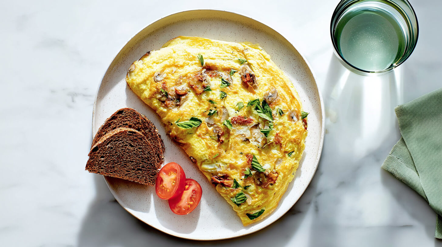 Omlet z suszonymi pomidorami, pieczarkami i bazylią
